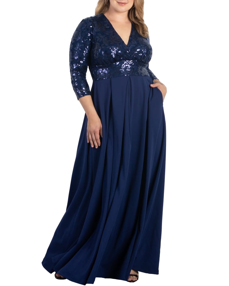 Front of a model wearing a size 0X Paris Pleated Sequin Gown in NOCTURNAL NAVY by Kiyonna. | dia_product_style_image_id:271612